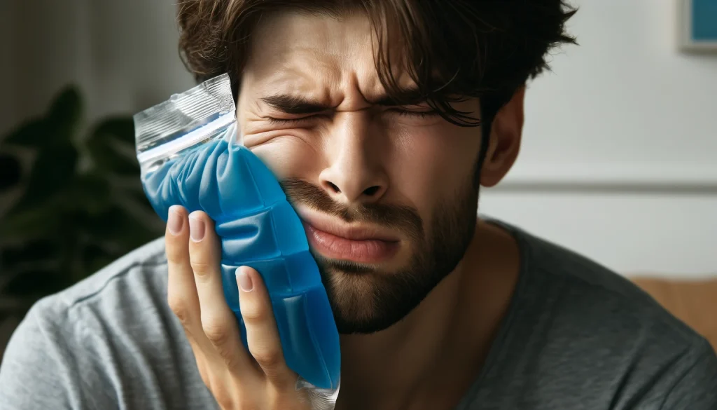 구내염 증상으로 냉찜질을 하고 있는 모습